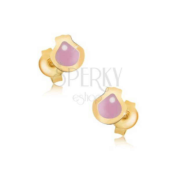 Arany fülbevaló - lapos fénymázas rózsaszín kagyló 