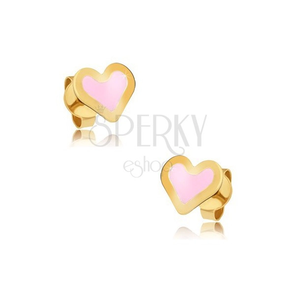 Arany fülbevaló - lapos szimmetrikus szív, fényes rózsaszín máz