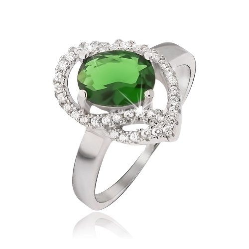 Ezüst gyűrű, ovális zöld kő, cirkóniás ívek - Nagyság: 59