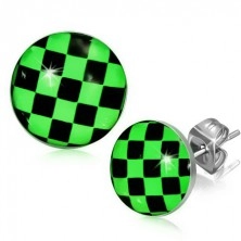 Fülbevaló acélból, zöld-fekete sakktábla