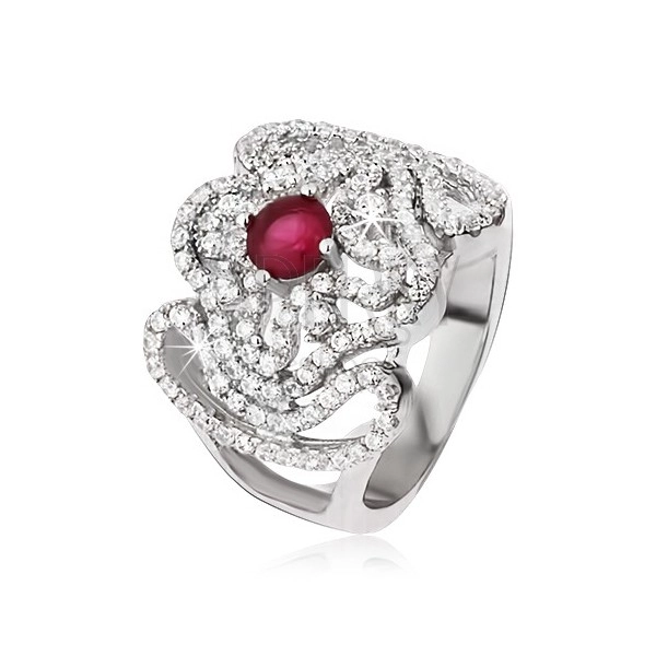 Ezüst gyűrű, cirkóniás kereszt, hullámos vonalak és rózsaszínes piros kő