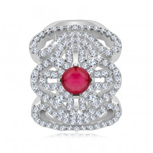 Ezüst gyűrű, cirkóniás kereszt, hullámos vonalak és rózsaszínes piros kő