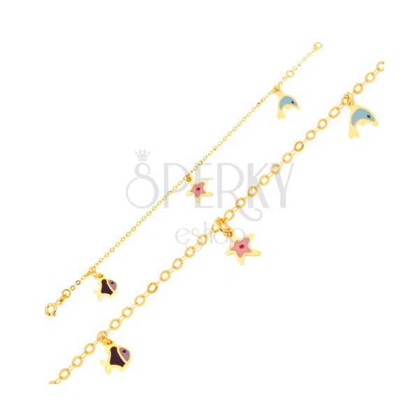 Karkötő 9K sárga aranyból - fénymázas delfin, tengeri csillag, halacska, fényes lánc