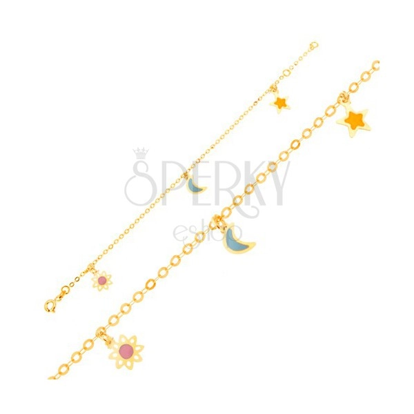 Arany karkötő - lánc, fénymázas fehér-rózsaszín virág, hold, csillag