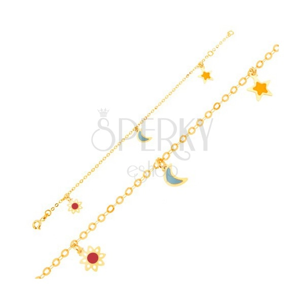 Karkötő 9K sárga aranyból - fehér-piros virág, hold, csillag, lánc