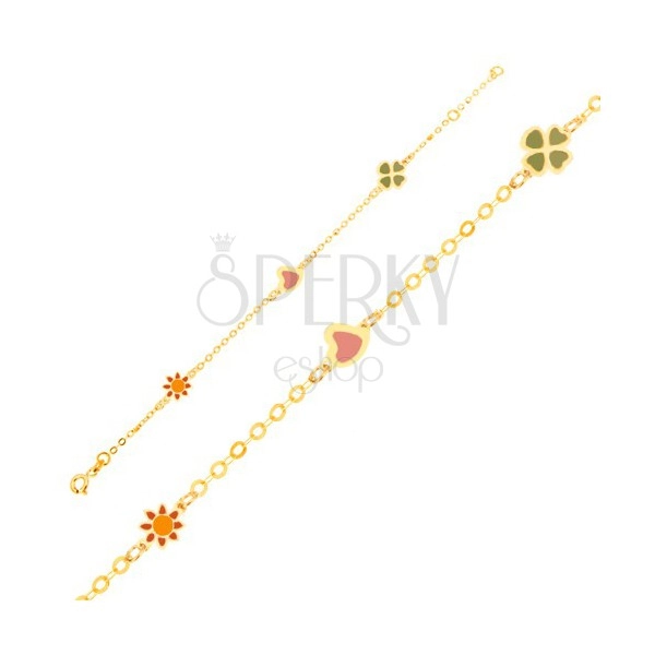 Karkötő 9K sárga aranyból - fénymázas virág, szív és négy levél, lánc