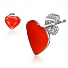 Beszúrós fülbevaló acélból, piros szimmetrikus szívek
