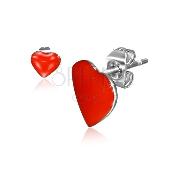 Beszúrós fülbevaló acélból, piros szimmetrikus szívek
