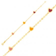 Karkötő 9K sárga aranyból - színes fénymázas szívek, csillogó lánc