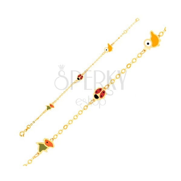 Arany karkötő - madarak és katica fénymázas felszínnel, fényes lánc