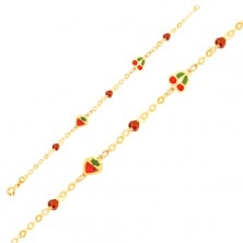 Karkötő 9K sárga aranyból - lánc, fénymázas eper, cseresznye, golyók