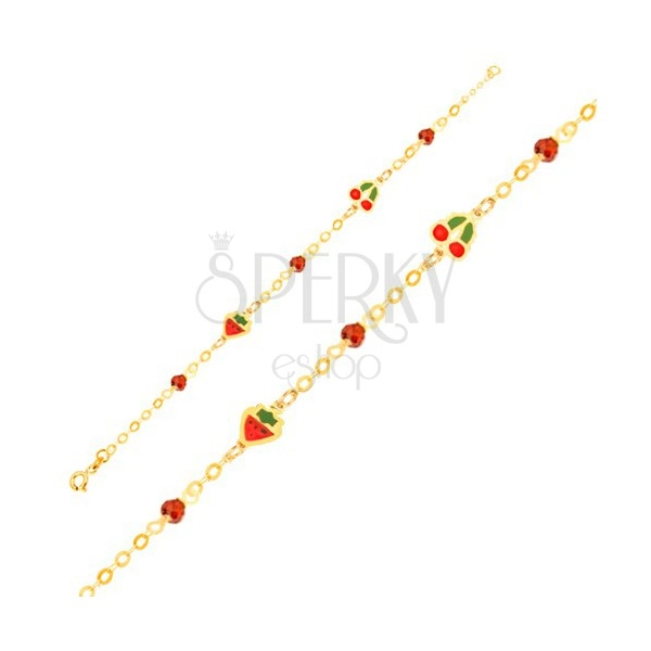 Karkötő 9K sárga aranyból - lánc, fénymázas eper, cseresznye, golyók