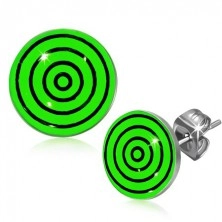 Beszúrós fülbevaló acélból, fekete és zöld körök