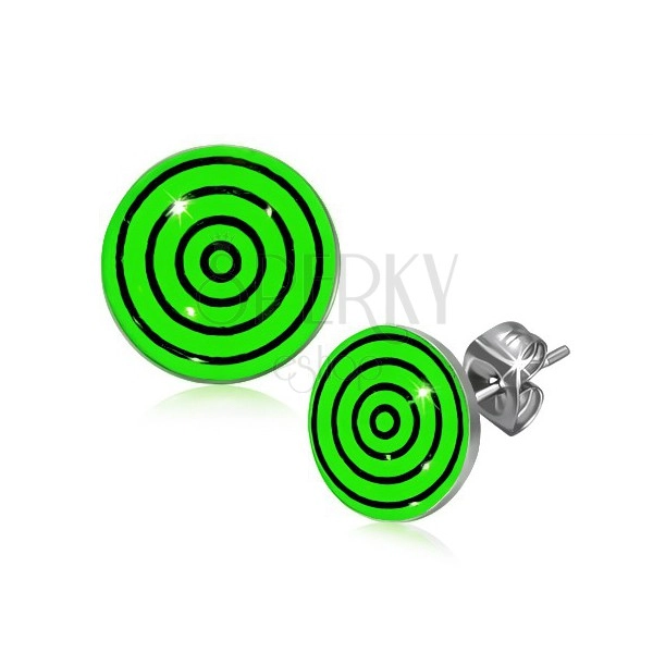 Beszúrós fülbevaló acélból, fekete és zöld körök