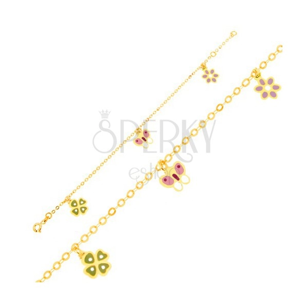 Karkötő 9K sárga aranyból - négy levél, lepke, virág, csillogó lánc