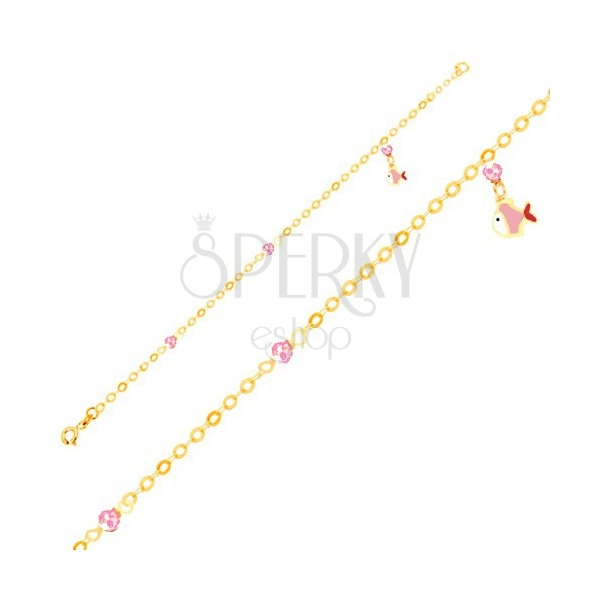 Karkötő 9K aranyból - fénymázas halacska, rózsaszín golyók, fényes lánc