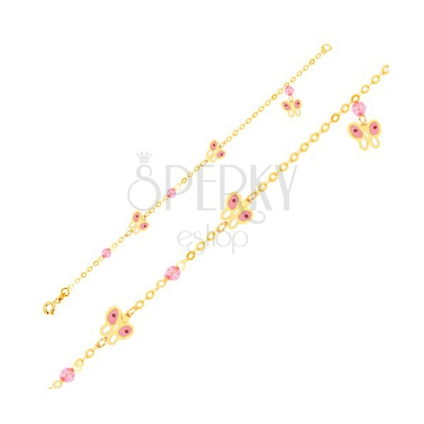 Arany karkötő - rózsaszín-fehér lepke és üveggolyók lánc