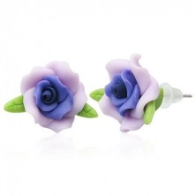 FIMO anyagból készült fülbevaló - lila rózsa, levelek