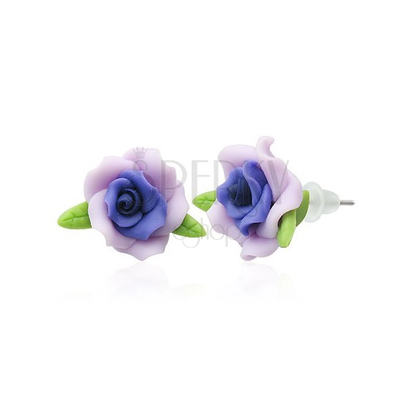 FIMO anyagból készült fülbevaló - lila rózsa, levelek