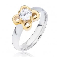 Ezüst színű acél gyűrű, arany színű virág átlátszó cirkóniával
