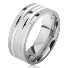 Acél ezüst színű gyűrű, fényes, két vastagabb sáv