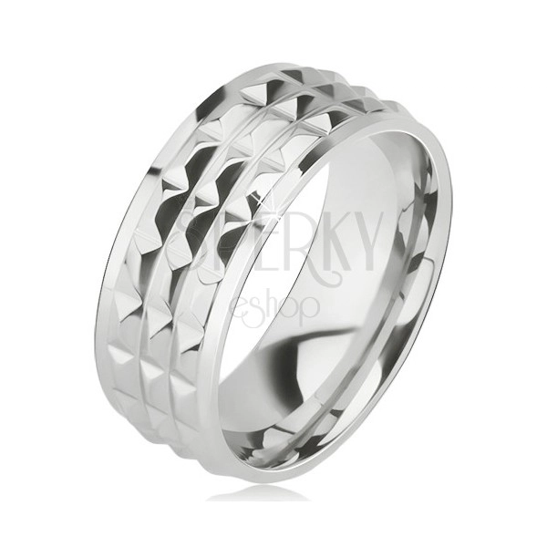 Fényes acél gyűrű - ezüst karika, díszített gyémánt lapocskák