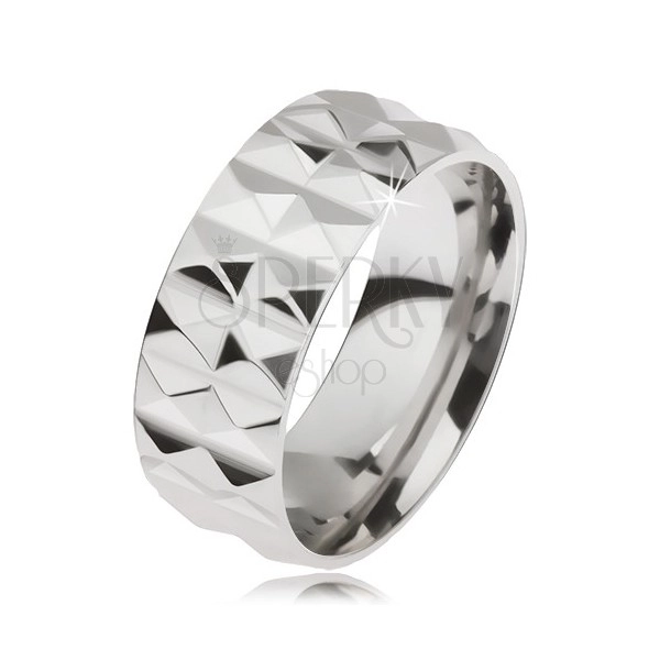 Csillogó acél gyűrű ezüst színben gyémántmintával, két sorban