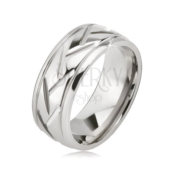 Ezüst színű acél gyűrű, ferde és vízszintes vonalak