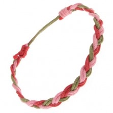 Rózsaszín-piros-zöld fonott zsinóros karkötő, fonat