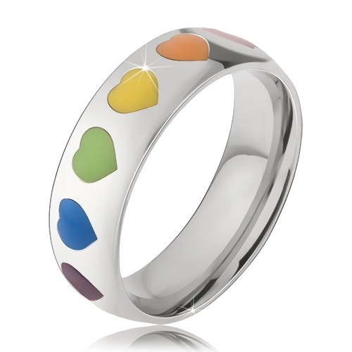 Sebészeti acél karika gyűrű, színes fénymázas szívek - Nagyság: 67