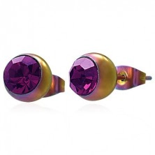 316L acél fülbevaló, szivárvány színű golyó rózsaszínes lila színben