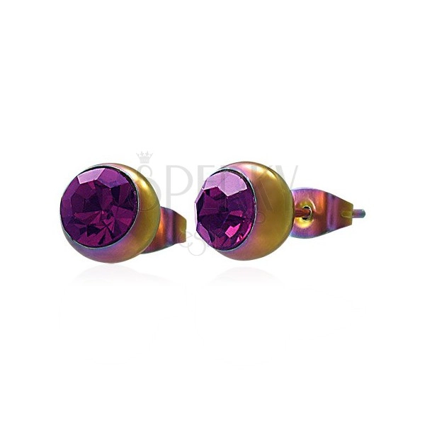 316L acél fülbevaló, szivárvány színű golyó rózsaszínes lila színben