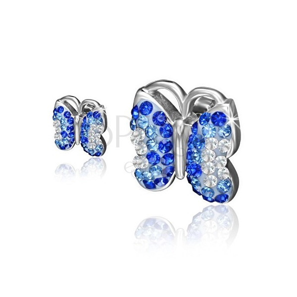 Acél fülbevaló, pillangó kék és átlátszó kövekkel