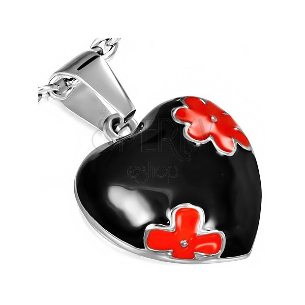 Fénymázas acél medál - fekete szív piros virágokkal