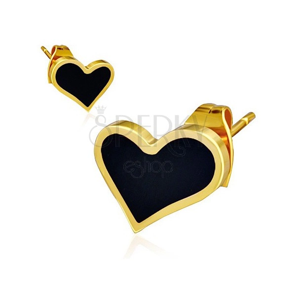 Beszúrós acél fülbevaló - fényes asszimetrikus fekete szív, arany szegély