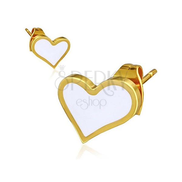 Arany színű acél fülbevaló - fehér asszimetrikus szív