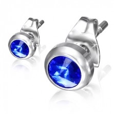 Beszúrós acél fülbevaló - kék csillogó kő a fényes foglalatban