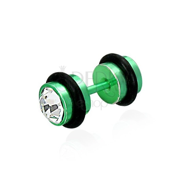 Hamis piercing zöld színben - csiszolt átlátszó cirkóniák, fekete gumigyűrűk