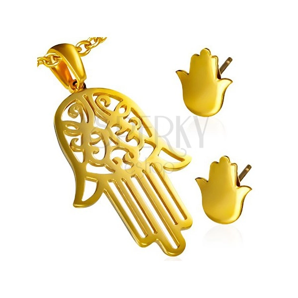 Arany színű acél szett - medál és fülbevaló, filigrán Fatima keze