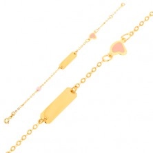 Karkötő 9K sárga aranyból - lánc, lemez, rózsaszín szív és gyöngy