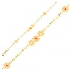 Karkötő 9K sárga aranyból - lapos tábla, rózsaszín fénymázas virág