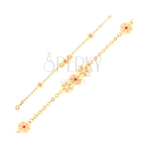 Karkötő 9K sárga aranyból - lapos tábla, rózsaszín fénymázas virág