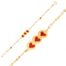 Arany karkötő - csillogó lánc, tábla szívecskékkel, gyöngyök, fénymáz