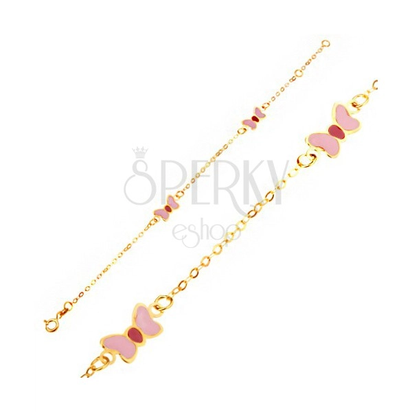 Karkötő 9K sárga aranyból - rózsaszín-piros fénymázas lepke, lánc