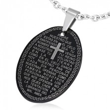Fekete ovális medál sebészeti acélból, ima és görög kulcs