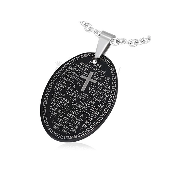 Fekete ovális medál sebészeti acélból, ima és görög kulcs