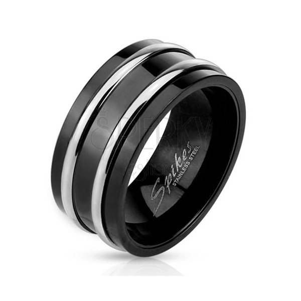 Fekete színű acél gyűrű - két vékony fényes ezüst színű karika
