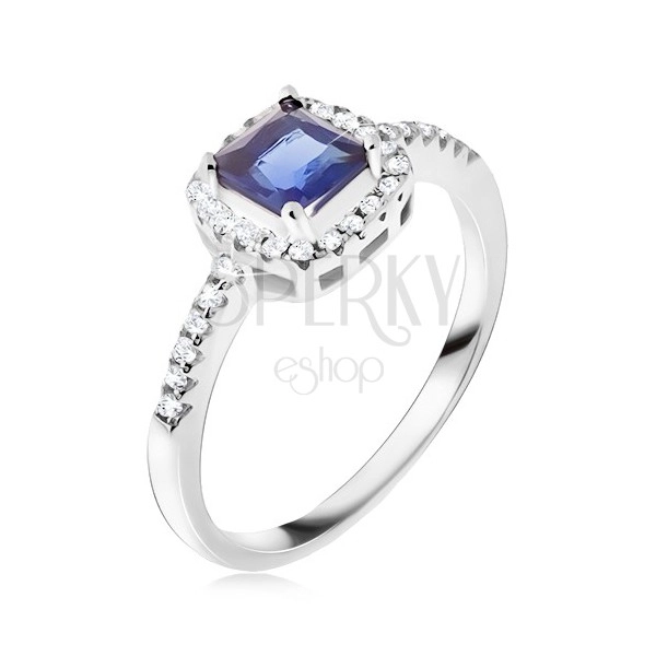 Gyűrű 925 ezüstből, kék négyzetes kő, cirkóniás szegély