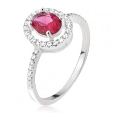 Ezüst gyűrű - ovális rózsaszínpiros kő, cirkóniás foglalat