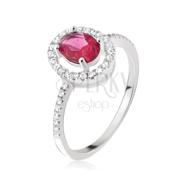 Ezüst gyűrű - ovális rózsaszínpiros kő, cirkóniás foglalat